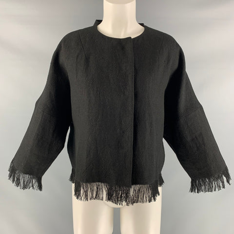 ANDREW GN Chaqueta con broches ocultos y flecos de lino negro talla 4