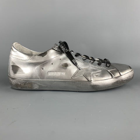 GOLDEN GOOSE SUPERSTAR RAY Size 10 Silver Metallic Leather Star Patch Lace Up Sneakers