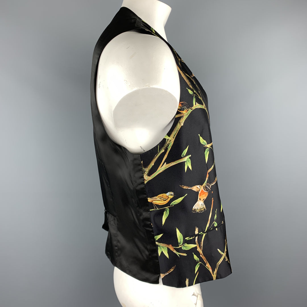 DOLCE & GABBANA Size 46 Black Bird Print Silk Buttoned Vest