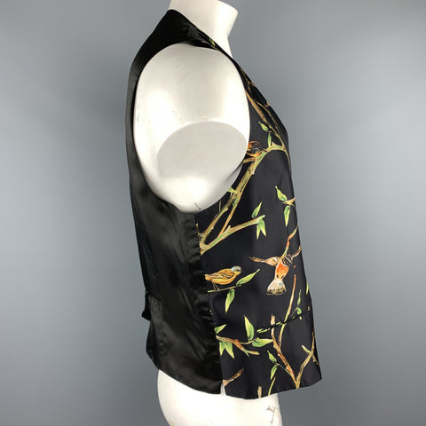 DOLCE &amp; GABBANA Taille 46 Gilet boutonné en soie imprimé oiseau noir
