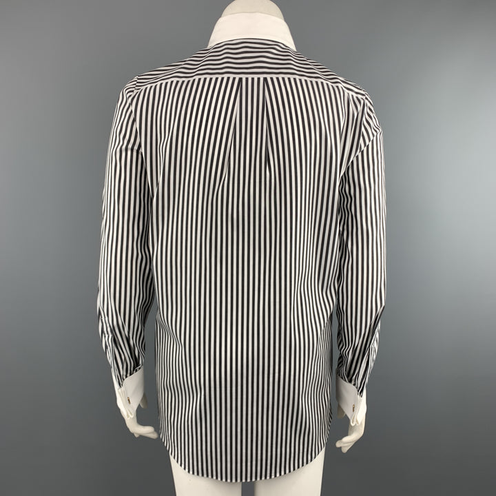 MICHAEL KORS Size 12 Black & White Striped Cotton Blend French Cuff Blouse