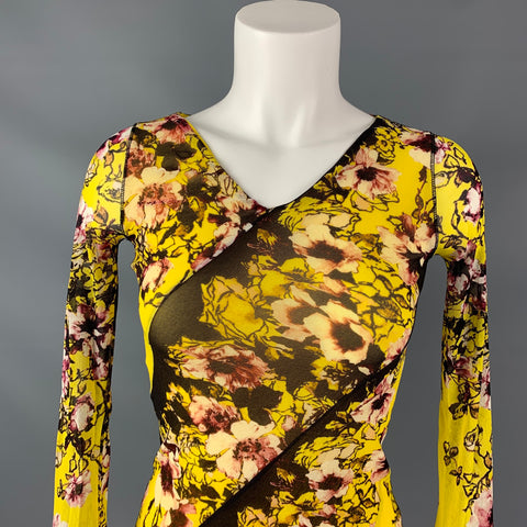JEAN PAUL GAULTIER SOLIEL Size S Yellow & Brown Nylon Floral V-neck Blouse