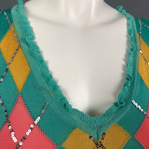 Iisli Talla S Jersey sin mangas de rayón Argyle turquesa, amarillo y naranja