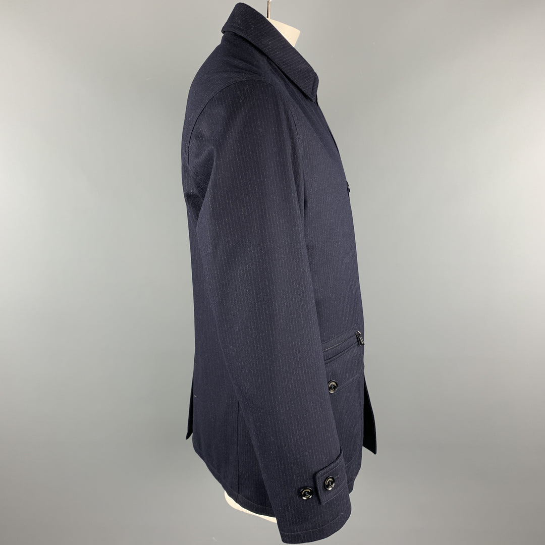 ERMENEGILDO ZEGNA Size 42 Navy Pinstripe Wool Zip & Buttons Coat