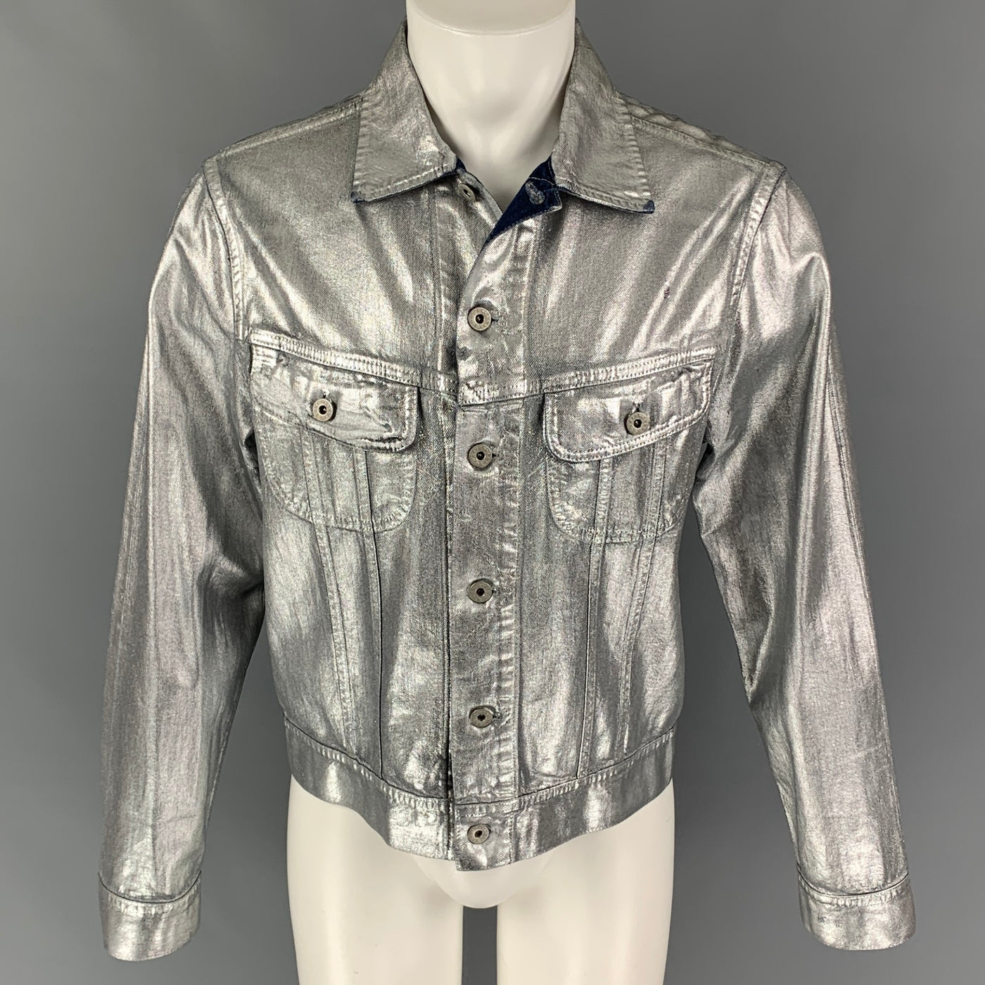 RALPH LAUREN Purple Label Size M Silver Metallic Cotton Trucker Jacket