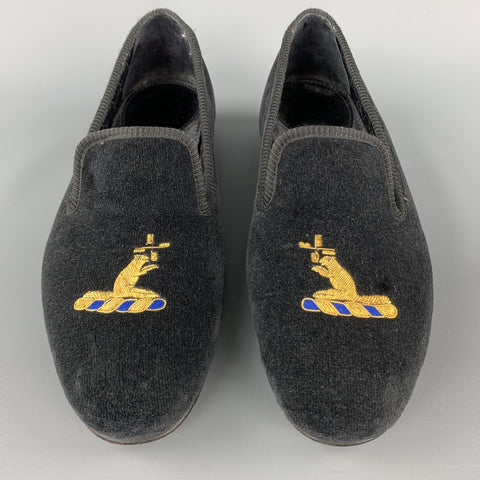 CUSTOM MADE Size 8 Black Embroidery Velvet Slippers Loafers