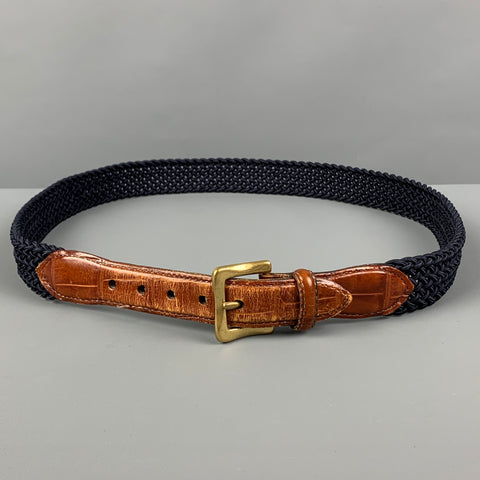 MARTIN DINGMAN Size 34 Navy Brown Woven Embossed Fabric Belt