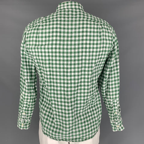 J CREW Size L Green White Checkered Linen &  Cotton Button Down Long Sleeve Shirt