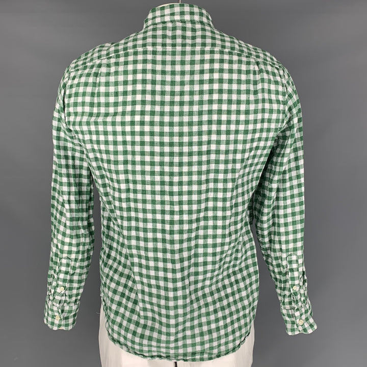 J CREW Camisa de manga larga con botones de lino y algodón a cuadros, color verde, blanco, talla L