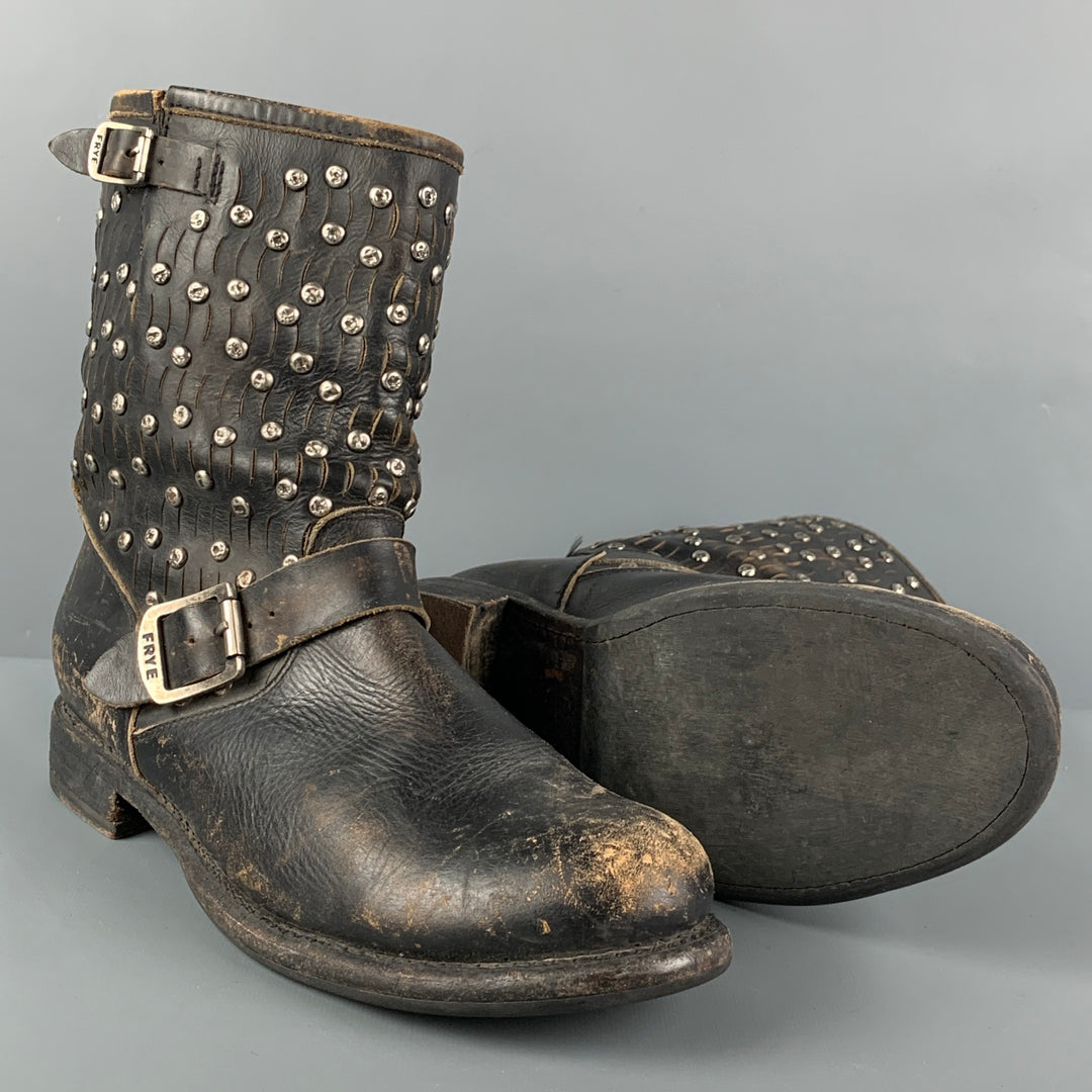 FRYE Size 11 Black Leather Distressed Studded Ankle Boots