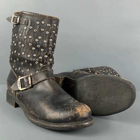 FRYE Size 11 Black Leather Distressed Studded Ankle Boots