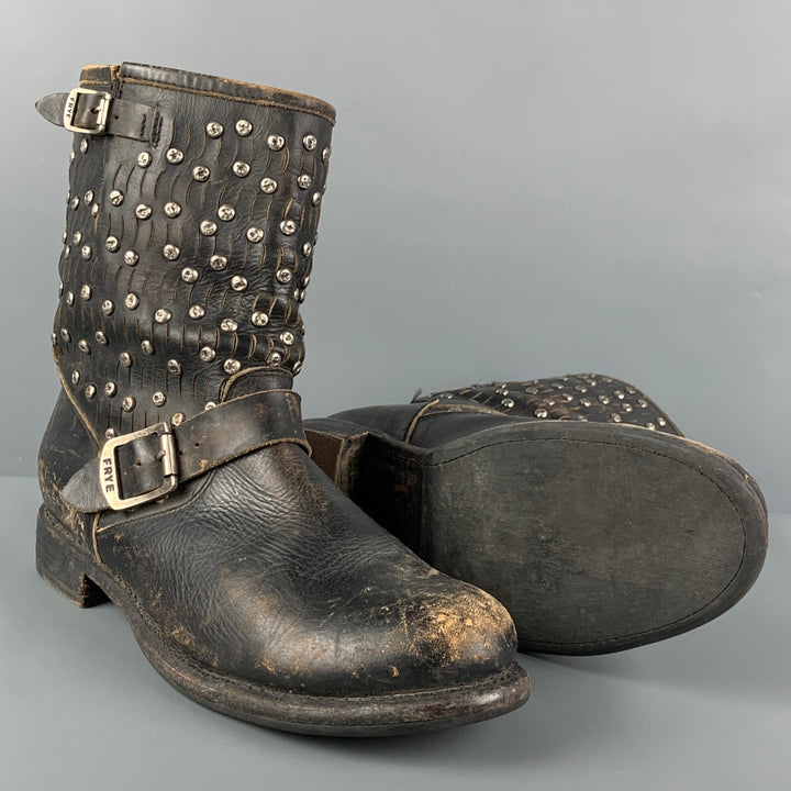 FRYE Size 11 Black Leather Distressed Studded Ankle Boots