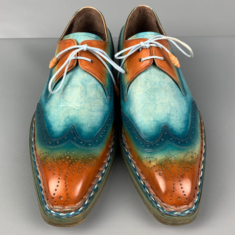 PAUL PARKMAN Size 8 Turquoise Brown Perforated Leather Wingtip Shoes