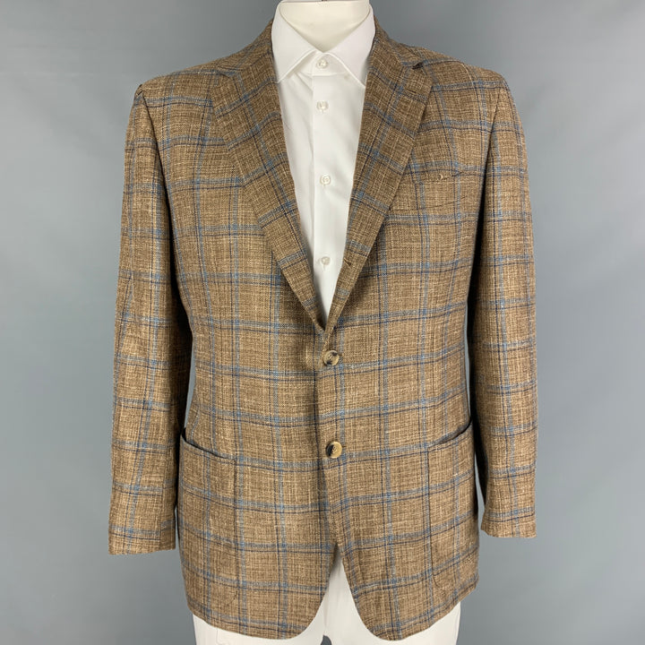 KITON Size 46 Tan Light Blue Plaid Cashmere Blend Sport Coat