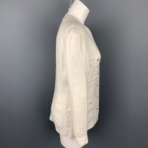 Vintage CHANEL Size 4 Cream Linen V-Neck Patch Pocket Jacket