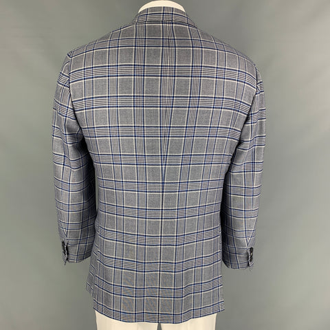 KITON Size 44 Blue Black White Plaid Cashmere Notch Lapel Sport Coat