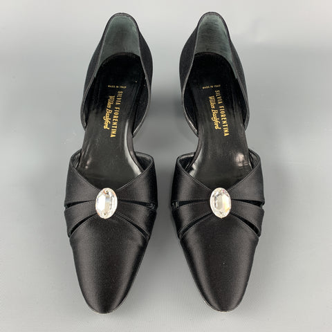 SILVIA FIORENTINA Vintage Tamaño 8 Negro Seda Rhinestone D'orsay Bombas