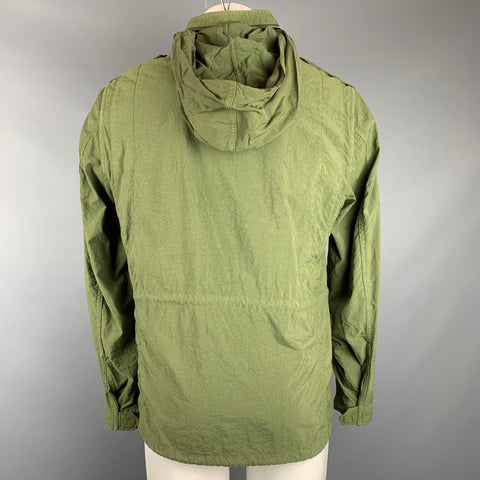 BEAMS PLUS Size L Green Nylon Zip & Snaps Hooded Military Jacket