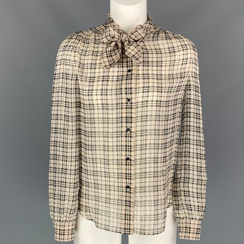 SAINT LAURENT Size S Nude Plaid Silk Pussy Bow Blouse