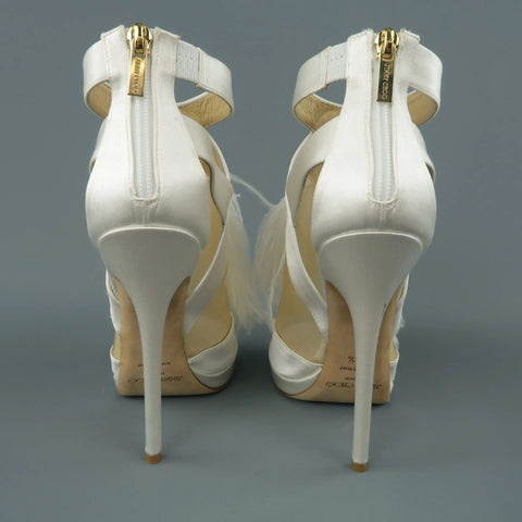 JIMMY CHOO US 8.5 / IT 38.5 White Silk / Leather Ostrich Feather Bridal Sandals JIMMY CHOO