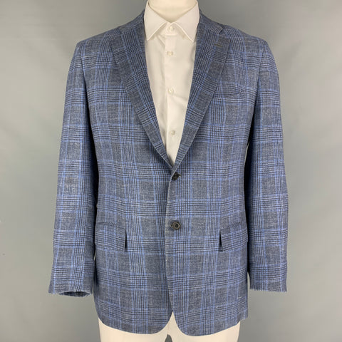 KITON Size 46 Grey Blue Plaid Cashmere Blend Notch Lapel Sport Coat
