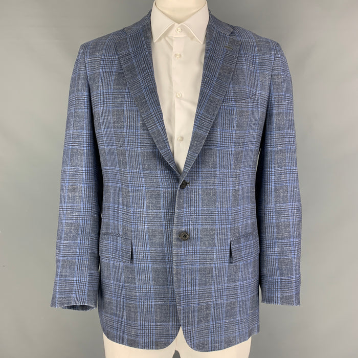 KITON Size 46 Grey Blue Plaid Cashmere Blend Notch Lapel Sport Coat