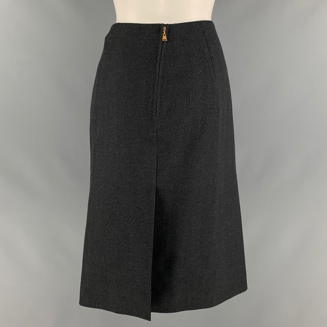 LOUIS VUITTON Size 8 Black Wool Polyester Herringbone Pencil Mid-Calf Skirt