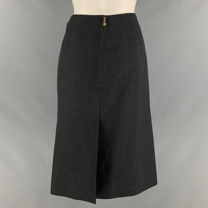 LOUIS VUITTON Size 8 Black Wool Polyester Herringbone Pencil Mid-Calf Skirt