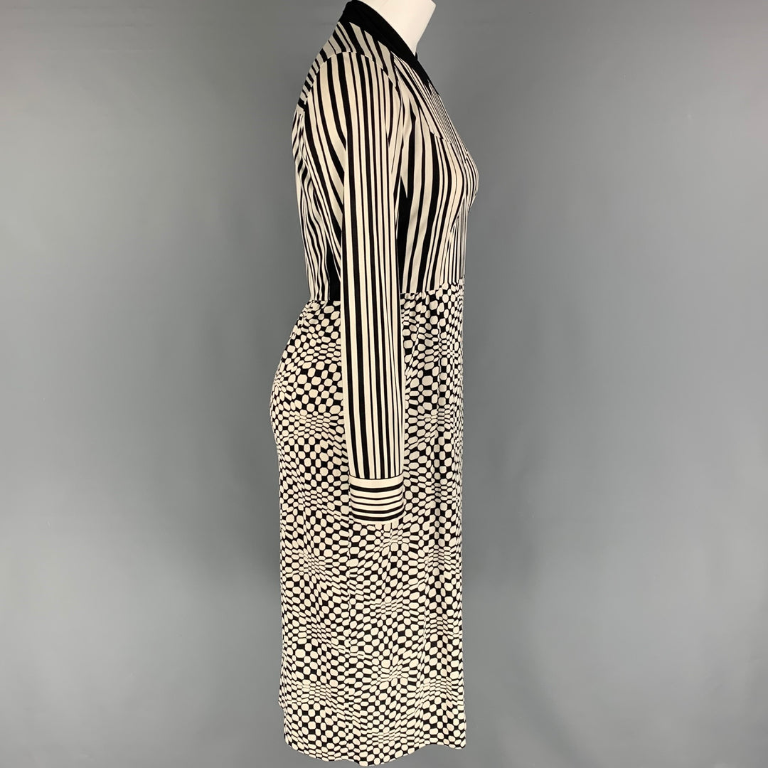 MARC JACOBS Size 2 Black White Silk Graphic Long Sleeve Mid-Calf Dress