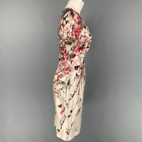 CAROLINA HERRERA Taille 4 Robe à manches courtes abstraite en soie de coton rouge crème