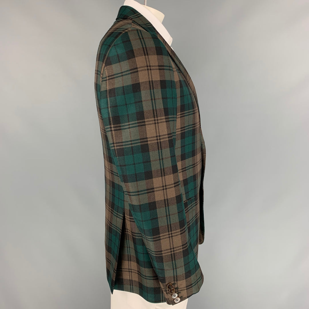 GUCCI Size 44 Taupe & Green Plaid Wool Single Breasted Sport Coat