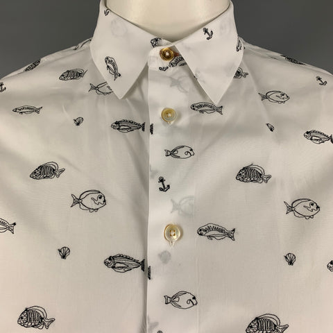 PAUL SMITH Size L White & Black Embroidery Cotton &  Polyester Short Sleeve Shirt
