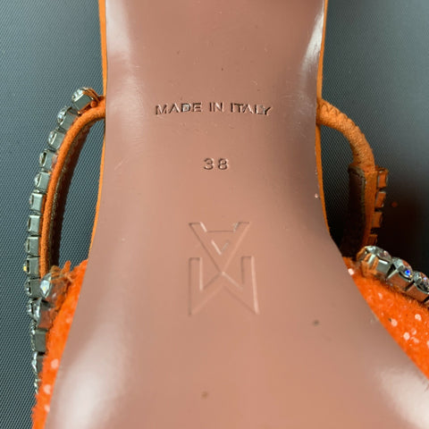 AMINA MUADDI Zapatos de tacón tipo mulas con purpurina plateada naranja talla 8