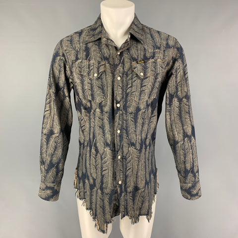 KAPITAL Size L Indigo Grey Feathers Cotton Raw Edge Long Sleeve Shirt