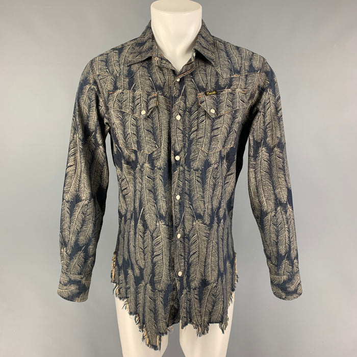 KAPITAL Size L Indigo Grey Feathers Cotton Raw Edge Long Sleeve Shirt