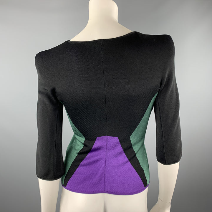 GIORGIO ARMANI Size 2 Black Green & Purple Color Block Shoulder Pad Jacket