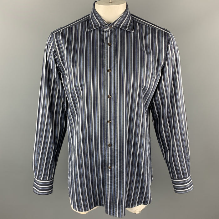 ETRO Size L Grey & Blue Stripe Cotton Long Sleeve Shirt