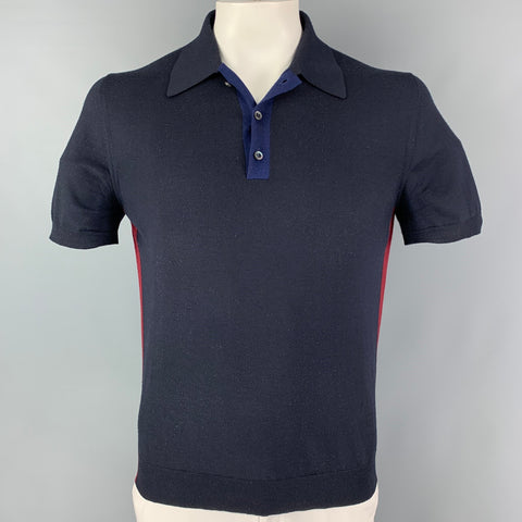 PRADA Size L Navy Burgundy Knitted Wool Buttoned Polo