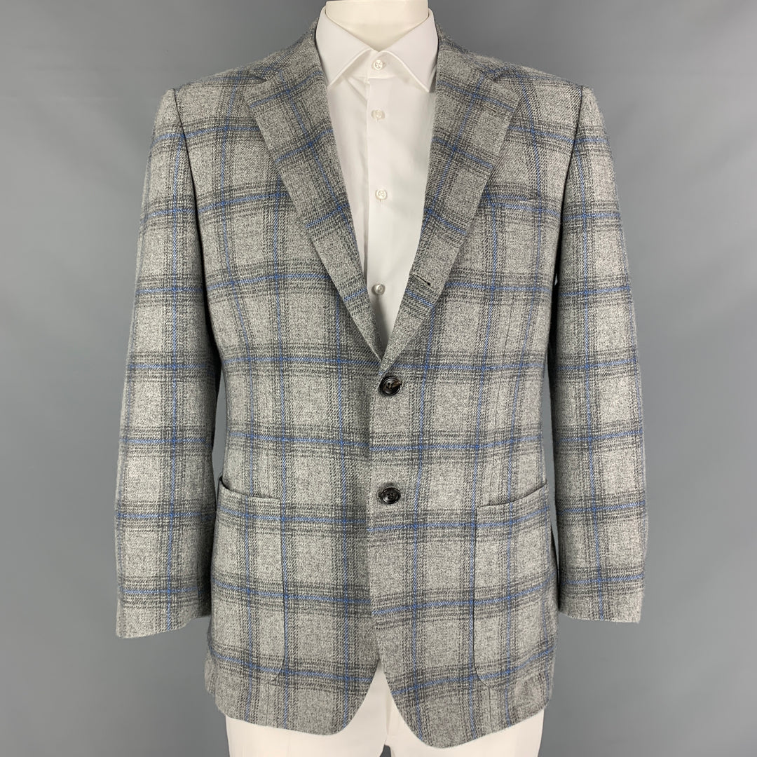 KITON Size 44 Grey Blue Plaid Cashmere Notch Lapel Sport Coat