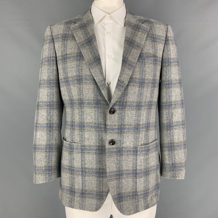 KITON Size 44 Grey Blue Plaid Cashmere Notch Lapel Sport Coat