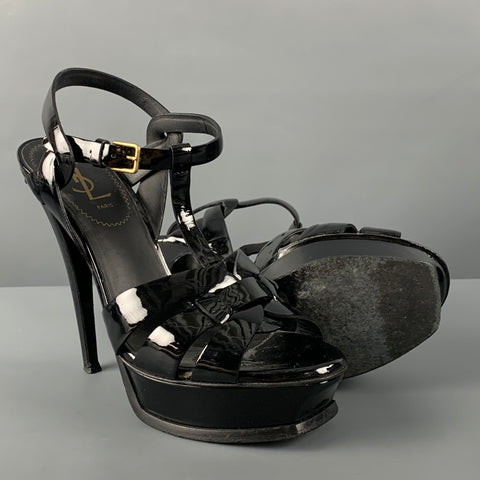 YVES SAINT LAURENT Size 8 Black Patent Leather Platform Sandals