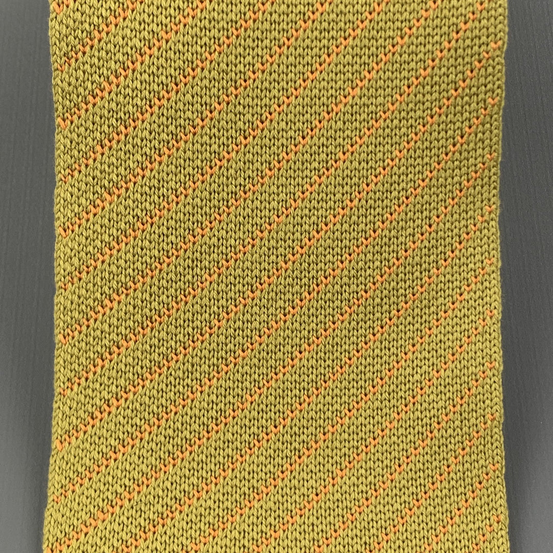 HERMES Muted Mustard & Orange Diagonal Striped Woven Silk Tie