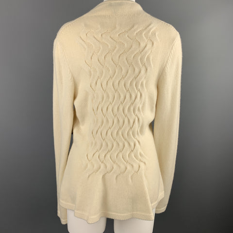 ESCADA Size M Cream CashmereV Neck Cable Knit Panel Zip Cardigan