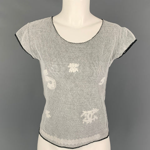 CHANEL Talla 8 Top informal con mangas casquillo bordadas en mezcla de algodón blanco y negro