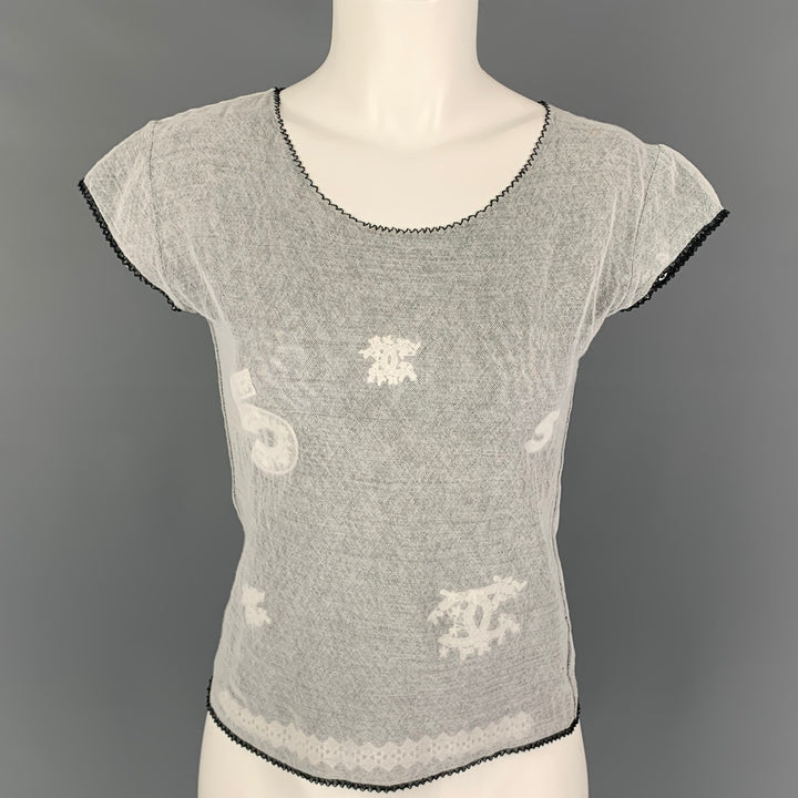 CHANEL Size 8 Black White Cotton Blend Embroidered Cap Sleeves Casual Top