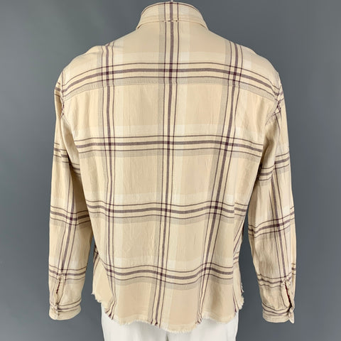 JOHN ELLIOTT Size L Beige Burgundy Plaid Cotton Cropped Long Sleeve Shirt