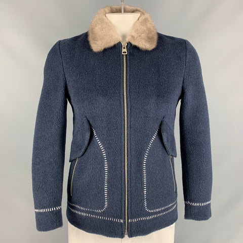 NOT LISTED Size 44 Navy Grey Textured Mink Zip Up Jacket