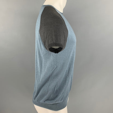 PRADA Size M Blue Grey Color Block Cashmere  Silk Short Sleeve Pullover