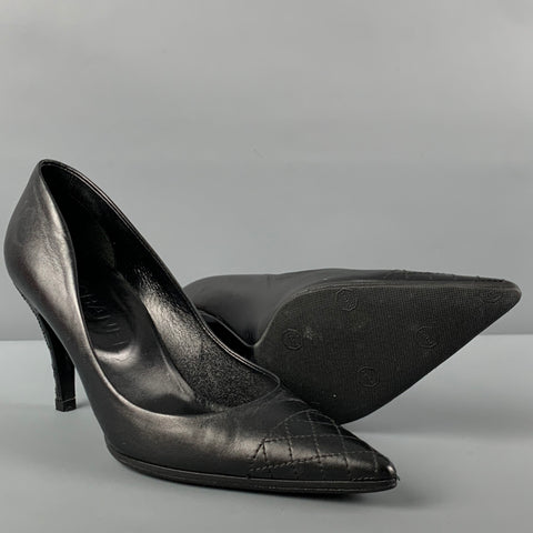 CHANEL Size 7 Black Leather Pointed Toe Pumps