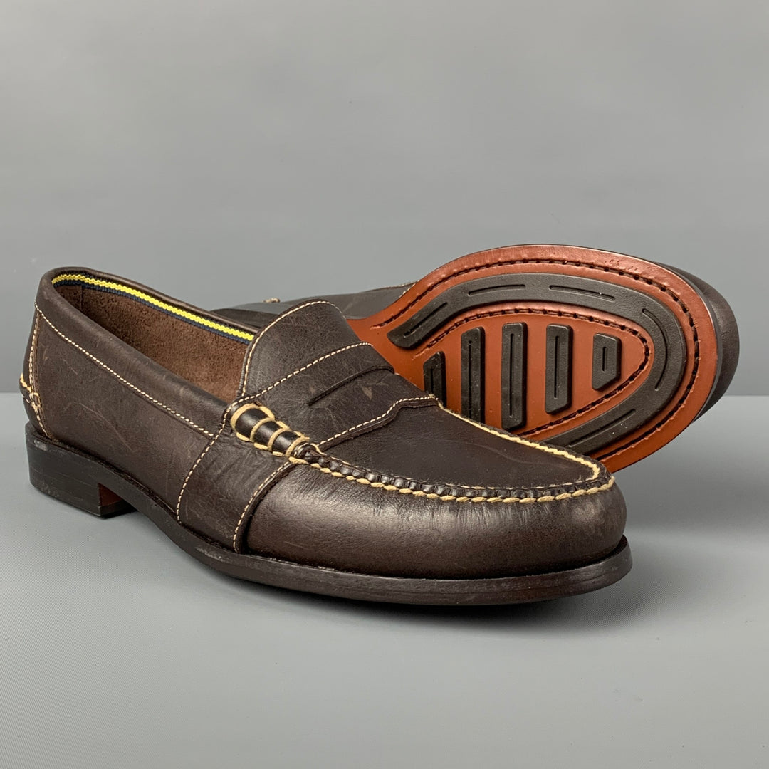 RALPH LAUREN Size 9.5 Dark Brown Contrast Stitch Leather Penny Loafers